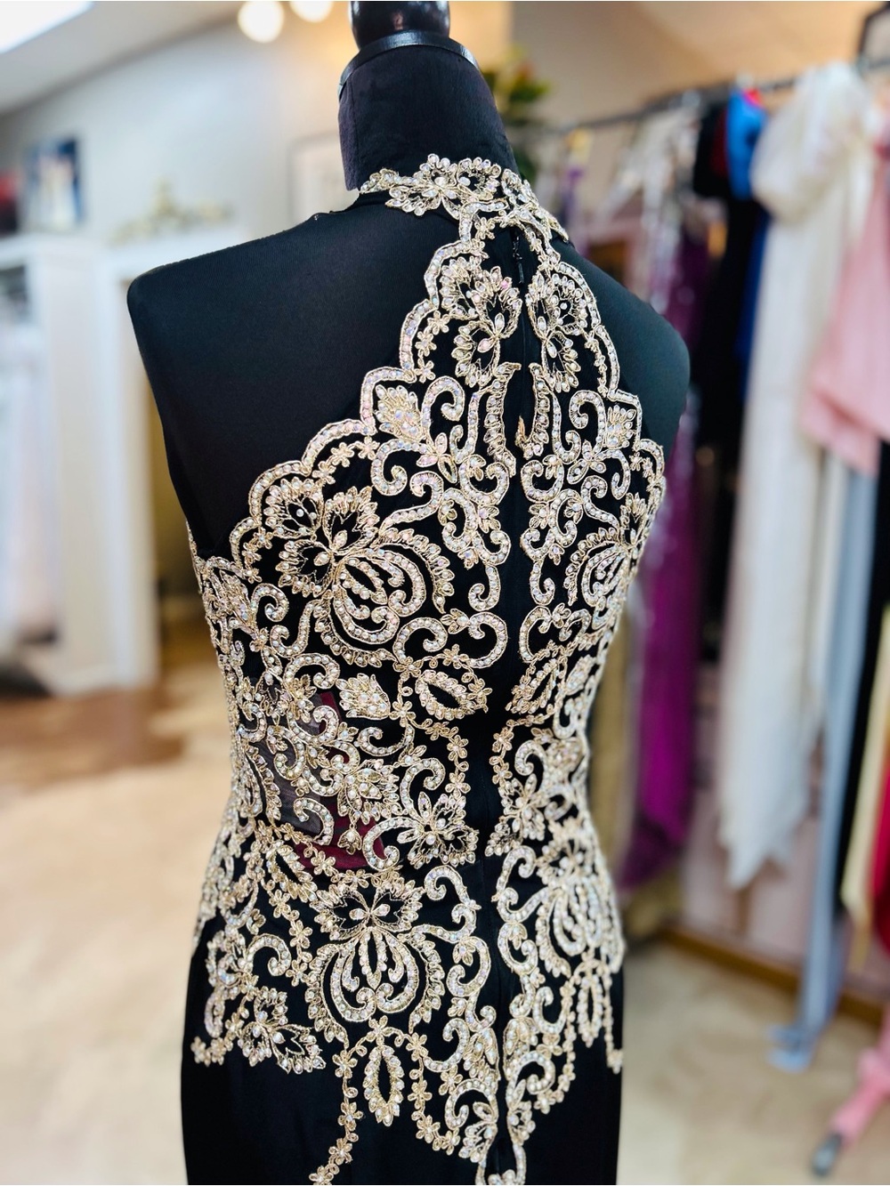 Jovani Black Prom Gown with Gold Appliqué Halter - Picture 4 of 6